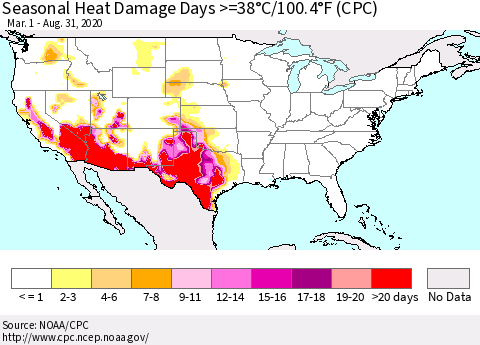 United States Seasonal Heat Damage Days >=38°C/100°F (CPC) Thematic Map For 3/1/2020 - 8/31/2020