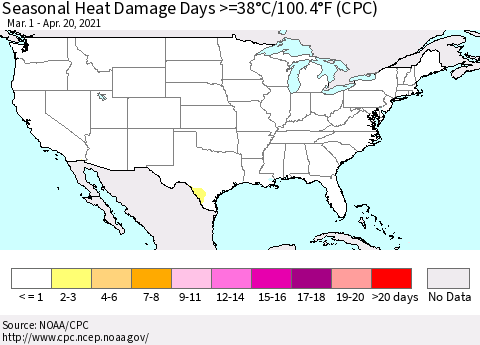 United States Seasonal Heat Damage Days >=38°C/100°F (CPC) Thematic Map For 3/1/2021 - 4/20/2021