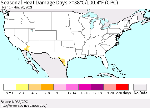 United States Seasonal Heat Damage Days >=38°C/100.4°F (CPC) Thematic Map For 3/1/2021 - 5/20/2021