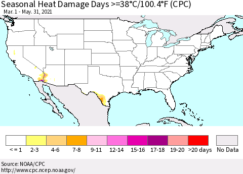 United States Seasonal Heat Damage Days >=38°C/100°F (CPC) Thematic Map For 3/1/2021 - 5/31/2021