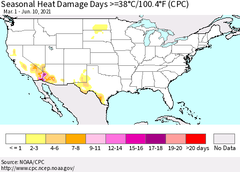 United States Seasonal Heat Damage Days >=38°C/100.4°F (CPC) Thematic Map For 3/1/2021 - 6/10/2021