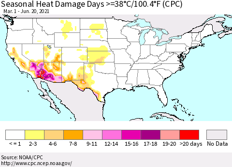 United States Seasonal Heat Damage Days >=38°C/100.4°F (CPC) Thematic Map For 3/1/2021 - 6/20/2021