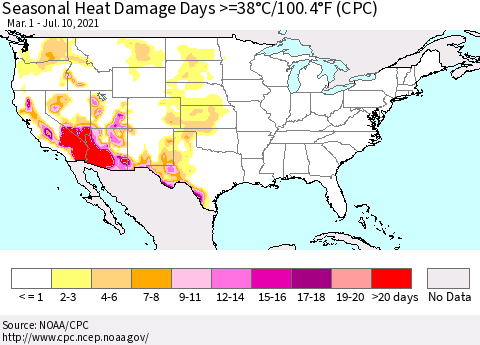 United States Seasonal Heat Damage Days >=38°C/100.4°F (CPC) Thematic Map For 3/1/2021 - 7/10/2021