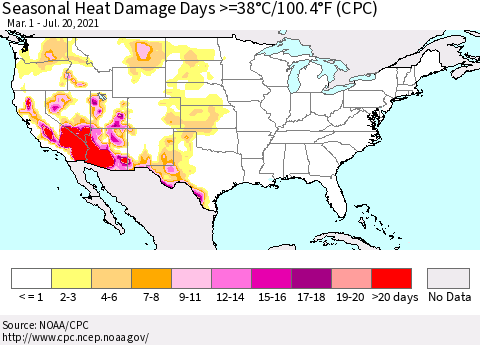 United States Seasonal Heat Damage Days >=38°C/100°F (CPC) Thematic Map For 3/1/2021 - 7/20/2021
