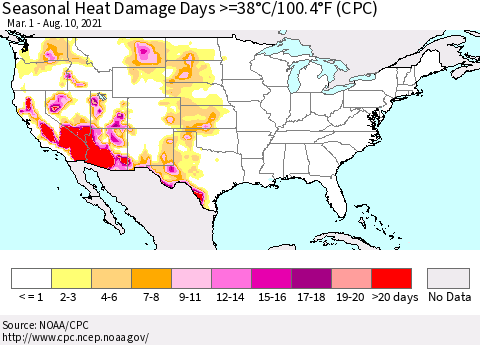 United States Seasonal Heat Damage Days >=38°C/100°F (CPC) Thematic Map For 3/1/2021 - 8/10/2021
