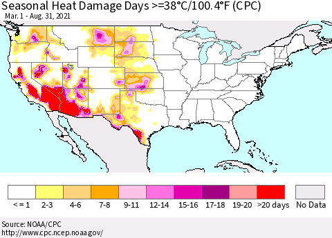 United States Seasonal Heat Damage Days >=38°C/100°F (CPC) Thematic Map For 3/1/2021 - 8/31/2021