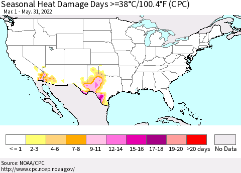United States Seasonal Heat Damage Days >=38°C/100°F (CPC) Thematic Map For 3/1/2022 - 5/31/2022