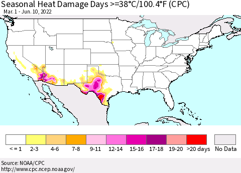 United States Seasonal Heat Damage Days >=38°C/100°F (CPC) Thematic Map For 3/1/2022 - 6/10/2022