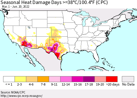 United States Seasonal Heat Damage Days >=38°C/100°F (CPC) Thematic Map For 3/1/2022 - 6/20/2022