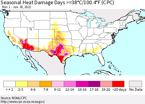 United States Seasonal Heat Damage Days >=38°C/100°F (CPC) Thematic Map For 3/1/2022 - 6/30/2022