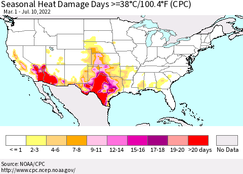 United States Seasonal Heat Damage Days >=38°C/100°F (CPC) Thematic Map For 3/1/2022 - 7/10/2022