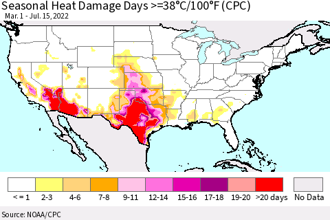 United States Seasonal Heat Damage Days >=38°C/100°F (CPC) Thematic Map For 3/1/2022 - 7/15/2022