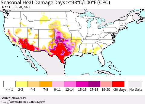 United States Seasonal Heat Damage Days >=38°C/100°F (CPC) Thematic Map For 3/1/2022 - 7/20/2022