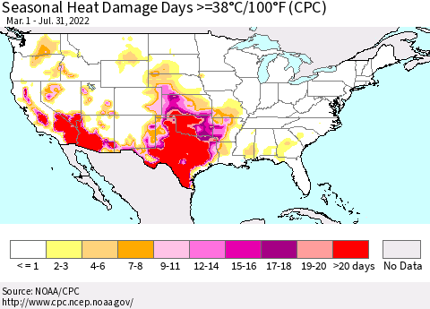 United States Seasonal Heat Damage Days >=38°C/100°F (CPC) Thematic Map For 3/1/2022 - 7/31/2022