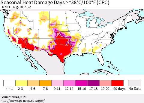 United States Seasonal Heat Damage Days >=38°C/100°F (CPC) Thematic Map For 3/1/2022 - 8/10/2022