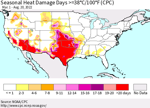 United States Seasonal Heat Damage Days >=38°C/100°F (CPC) Thematic Map For 3/1/2022 - 8/20/2022