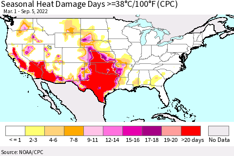 United States Seasonal Heat Damage Days >=38°C/100°F (CPC) Thematic Map For 3/1/2022 - 9/5/2022