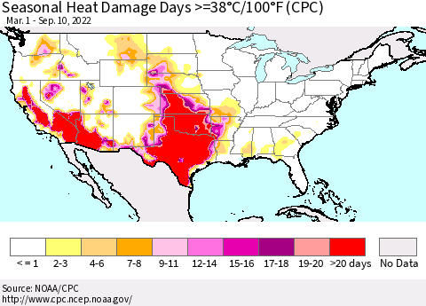 United States Seasonal Heat Damage Days >=38°C/100°F (CPC) Thematic Map For 3/1/2022 - 9/10/2022