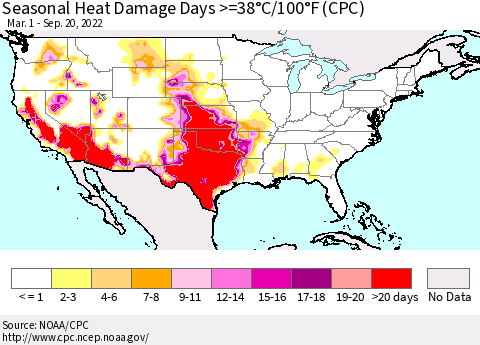 United States Seasonal Heat Damage Days >=38°C/100°F (CPC) Thematic Map For 3/1/2022 - 9/20/2022