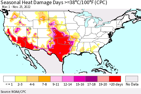 United States Seasonal Heat Damage Days >=38°C/100°F (CPC) Thematic Map For 3/1/2022 - 11/25/2022