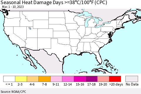 United States Seasonal Heat Damage Days >=38°C/100°F (CPC) Thematic Map For 3/1/2023 - 3/10/2023