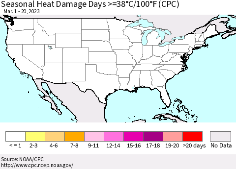 United States Seasonal Heat Damage Days >=38°C/100°F (CPC) Thematic Map For 3/1/2023 - 3/20/2023