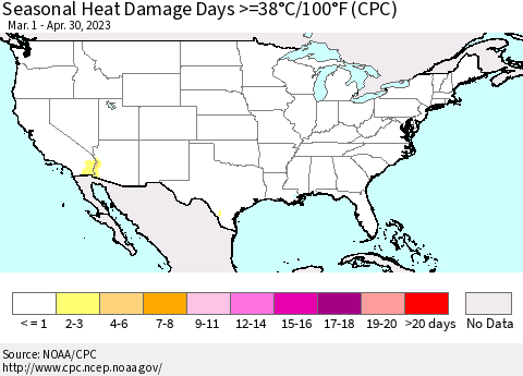 United States Seasonal Heat Damage Days >=38°C/100°F (CPC) Thematic Map For 3/1/2023 - 4/30/2023