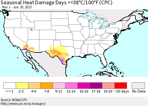 United States Seasonal Heat Damage Days >=38°C/100°F (CPC) Thematic Map For 3/1/2023 - 6/20/2023