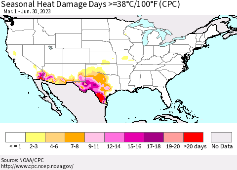 United States Seasonal Heat Damage Days >=38°C/100°F (CPC) Thematic Map For 3/1/2023 - 6/30/2023