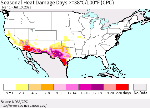 United States Seasonal Heat Damage Days >=38°C/100°F (CPC) Thematic Map For 3/1/2023 - 7/10/2023