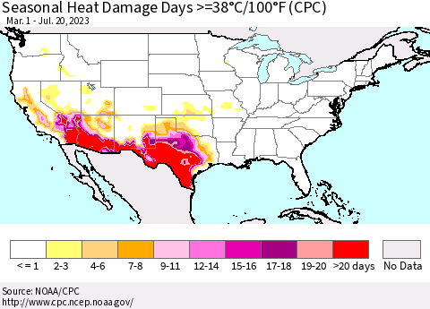 United States Seasonal Heat Damage Days >=38°C/100°F (CPC) Thematic Map For 3/1/2023 - 7/20/2023
