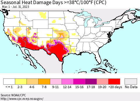 United States Seasonal Heat Damage Days >=38°C/100°F (CPC) Thematic Map For 3/1/2023 - 7/31/2023