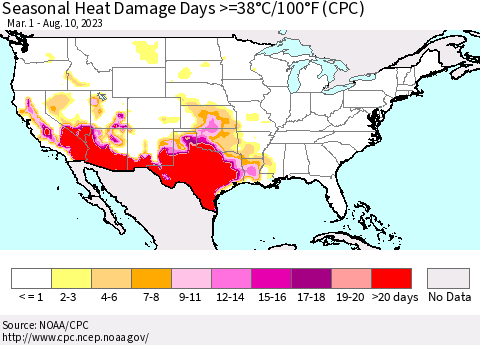 United States Seasonal Heat Damage Days >=38°C/100°F (CPC) Thematic Map For 3/1/2023 - 8/10/2023