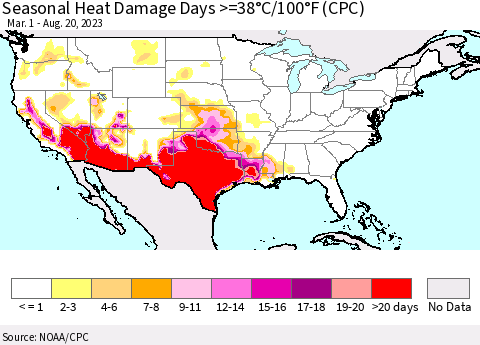 United States Seasonal Heat Damage Days >=38°C/100°F (CPC) Thematic Map For 3/1/2023 - 8/20/2023