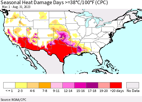United States Seasonal Heat Damage Days >=38°C/100°F (CPC) Thematic Map For 3/1/2023 - 8/31/2023