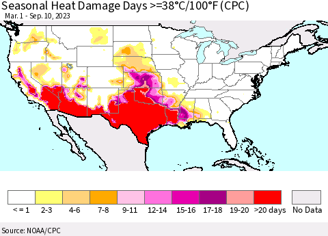 United States Seasonal Heat Damage Days >=38°C/100°F (CPC) Thematic Map For 3/1/2023 - 9/10/2023