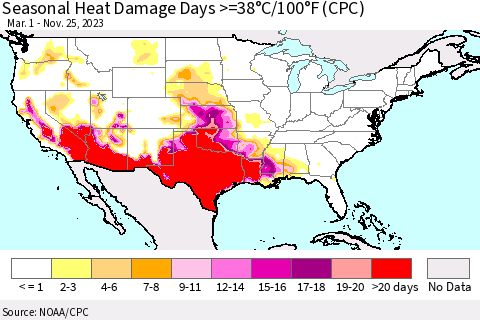 United States Seasonal Heat Damage Days >=38°C/100°F (CPC) Thematic Map For 3/1/2023 - 11/25/2023