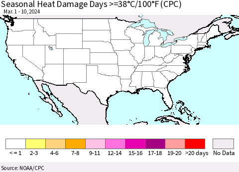 United States Seasonal Heat Damage Days >=38°C/100°F (CPC) Thematic Map For 3/1/2024 - 3/10/2024