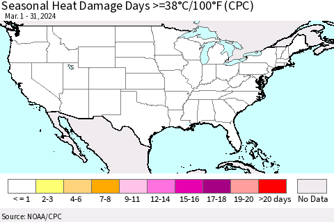 United States Seasonal Heat Damage Days >=38°C/100°F (CPC) Thematic Map For 3/1/2024 - 3/31/2024