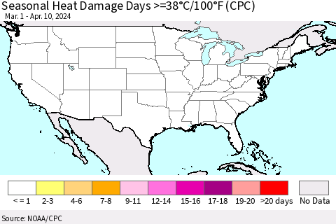 United States Seasonal Heat Damage Days >=38°C/100°F (CPC) Thematic Map For 3/1/2024 - 4/10/2024