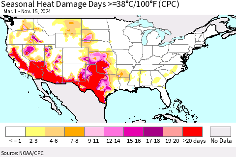 United States Seasonal Heat Damage Days >=38°C/100°F (CPC) Thematic Map For 3/1/2024 - 11/15/2024