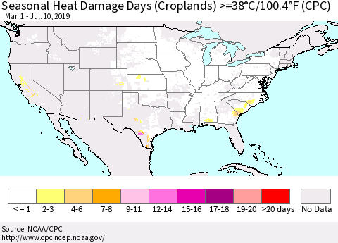 United States Seasonal Heat Damage Days (Croplands) >=38°C/100°F (CPC) Thematic Map For 3/1/2019 - 7/10/2019