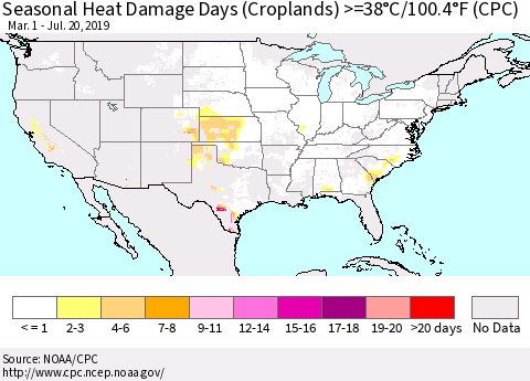 United States Seasonal Heat Damage Days (Croplands) >=38°C/100°F (CPC) Thematic Map For 3/1/2019 - 7/20/2019
