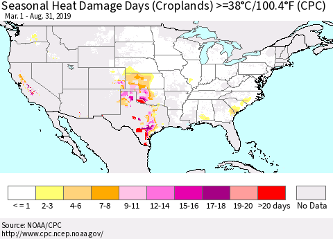 United States Seasonal Heat Damage Days (Croplands) >=38°C/100°F (CPC) Thematic Map For 3/1/2019 - 8/31/2019