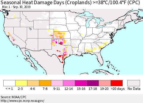 United States Seasonal Heat Damage Days (Croplands) >=38°C/100°F (CPC) Thematic Map For 3/1/2019 - 9/30/2019