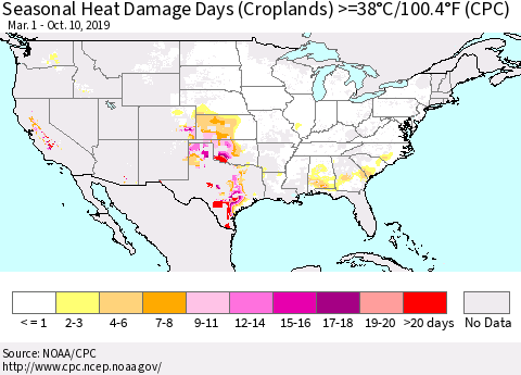 United States Seasonal Heat Damage Days (Croplands) >=38°C/100°F (CPC) Thematic Map For 3/1/2019 - 10/10/2019