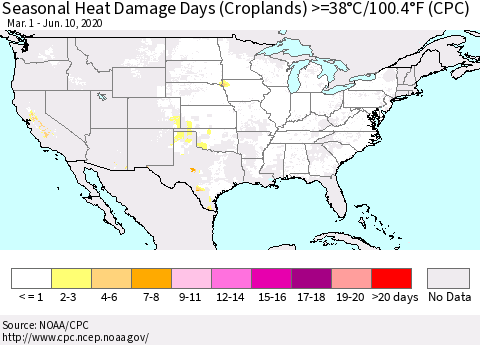 United States Seasonal Heat Damage Days (Croplands) >=38°C/100°F (CPC) Thematic Map For 3/1/2020 - 6/10/2020