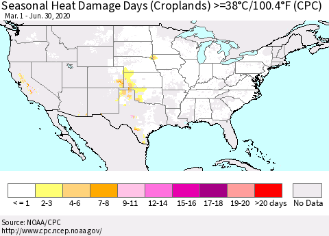 United States Seasonal Heat Damage Days (Croplands) >=38°C/100°F (CPC) Thematic Map For 3/1/2020 - 6/30/2020