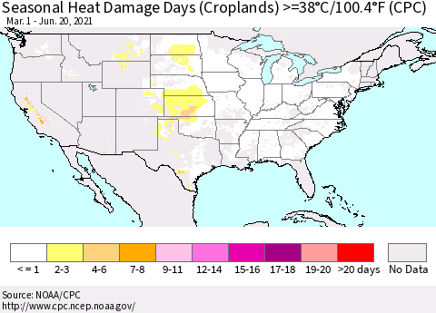 United States Seasonal Heat Damage Days (Croplands) >=38°C/100°F (CPC) Thematic Map For 3/1/2021 - 6/20/2021