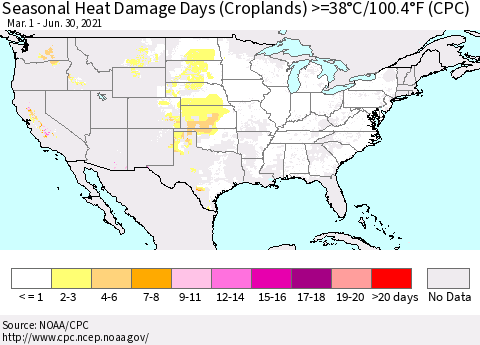 United States Seasonal Heat Damage Days (Croplands) >=38°C/100.4°F (CPC) Thematic Map For 3/1/2021 - 6/30/2021